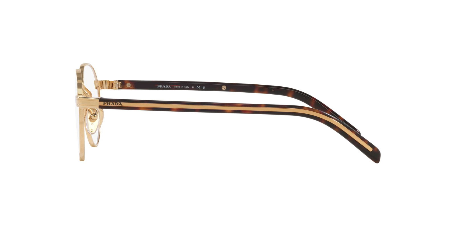 Das Bild zeigt die Bügel die Prada Brille B53V in Gold.